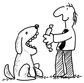 A cartoon drawing: A man, a dog and a sausage